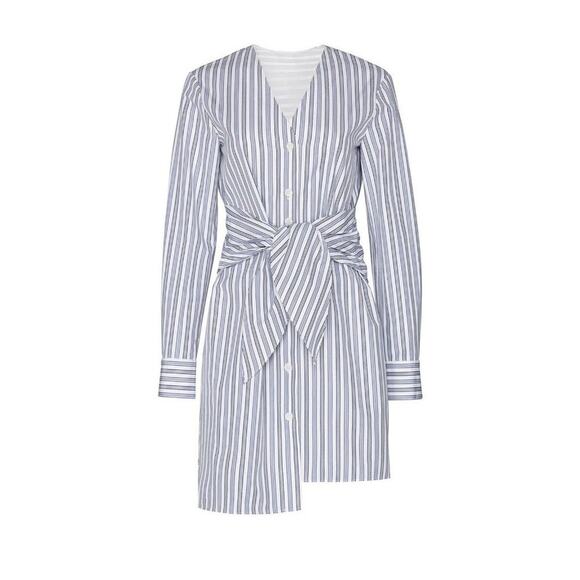 NEW NWT $475 Size 0 Womens Tibi Liam Striped Tie V-Neck Shirtdress in Blue Multi - Picture 1 of 7